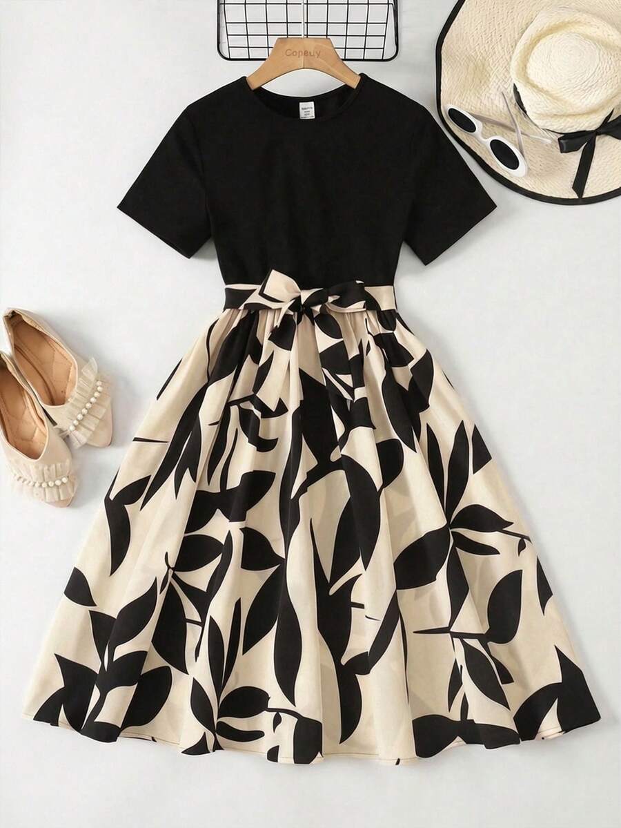 SHEIN Đầm mùa xuân hè cho bé gái/Phong cách retro thanh lịch/Đầm dệt kim đen cổ tròn tay ngắn/Viền họa tiết da báo phối hợp/Đầm eo - Màu be - Xem 1
