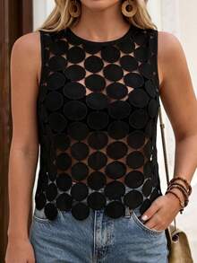 GlowEve CURVE Plus Size Women Casual Hollow Out Sleeveless Blouse Top, Spring/Summer - Black - View 7
