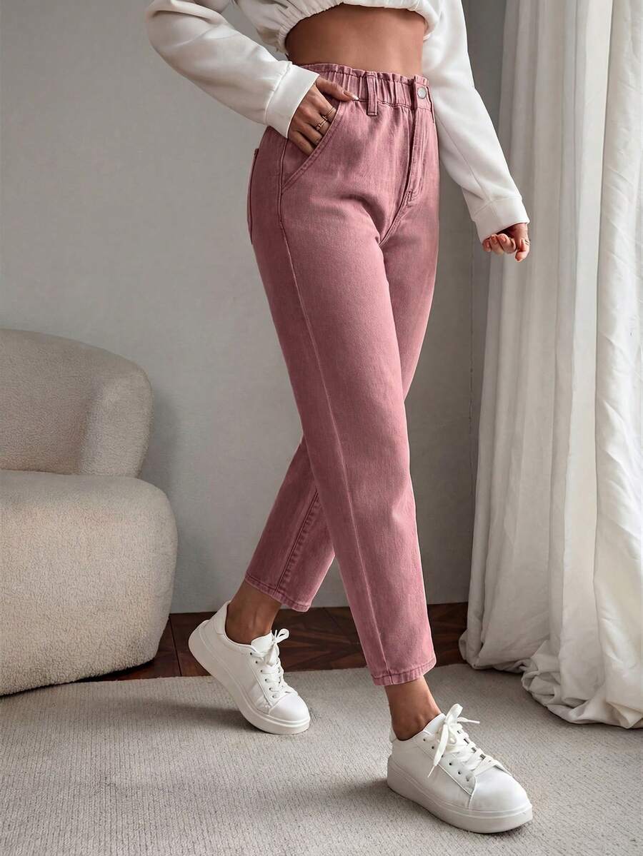 EMERY ROSE Plus Size Casual Washed Tapered Jeans Holiday Vacation Dusty Pink Summer - Dusty Pink - View 1