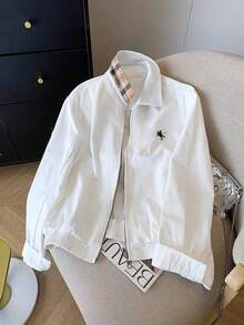 Casual Loose Zip-Up Contrast Color Graphic Print Long Sleeve Jacket Fall Winter Cloth For Women - White - View 3