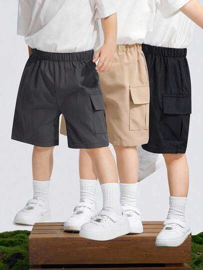 SHEIN 3入組年輕男孩休閒舒適時尚簡約實用軟身短褲，帶徽章和腰帶裝飾，適用於春夏日常穿著、上學、旅行和運動