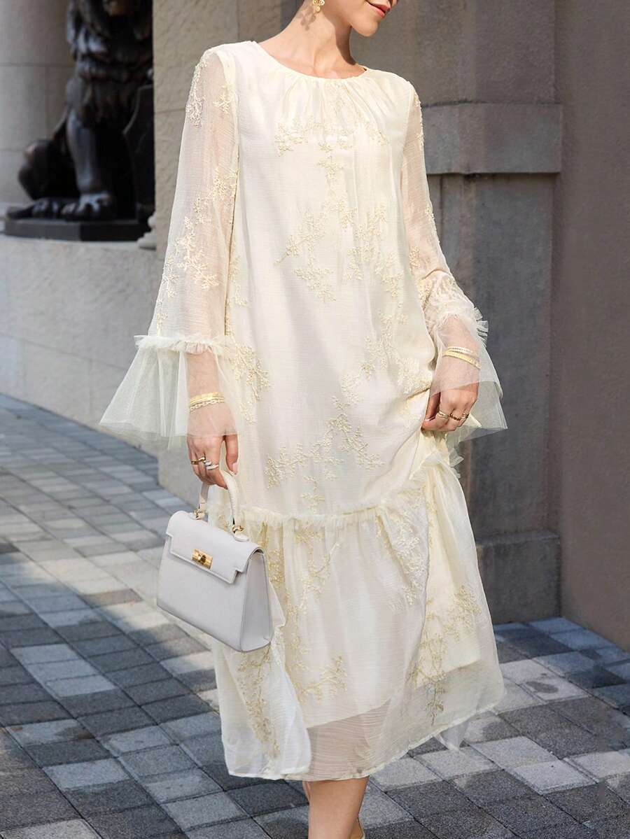 Mulvari 女士法式休闲杏色宽松刺绣长袖修身连衣裙 - 杏色 - 查看 1