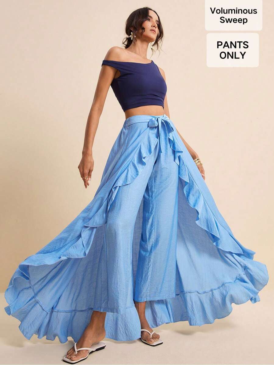 Women's Spring/Summer Vacation Blue 2 In 1 Ruffle Hem Culottes,  Prom Pants - Sky Blue - View 1