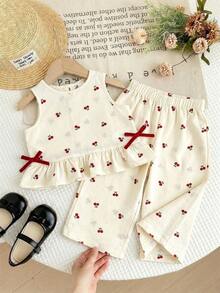 SHEIN LMoss Kids Baby Girl Cherry Print Ruffle Trim Vest And Elastic Waist Pants Set - Red - View 1