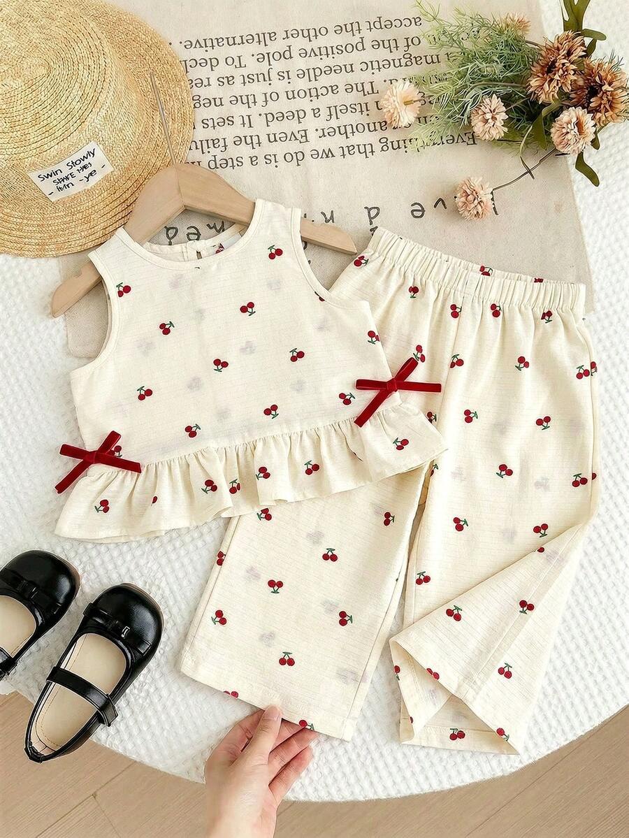 SHEIN LMoss Kids Baby Girl Cherry Print Ruffle Trim Vest And Elastic Waist Pants Set - Red - View 1