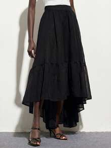 Aveloria Modichic High-Quality, Lightweight, Textured Fabric In A Caramel Brown Tone. Vintage Romantic Style With A Puffed Cake Skirt Element, High-Waisted Design, And Layered Ruffle Details. A-Line Skirt Silhouette In A Flowing, Soft Material. Suitable For Dates, Afternoon Tea, Weekend Outings, Artistic Photoshoots, Music Festivals, Casual Daily Wear, And Romantic Dinners. - Black - View 4