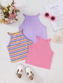 SHEIN Set 3 pcs: Tank top rajut tanpa lengan warna polos + Tank top rajut tanpa lengan motif garis-garis untuk anak perempuan - MultiWarna - View 2