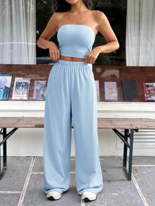 SHEIN EZwear 浅蓝色女士新款无肩带上衣和裤子套装 - 淺藍色 - 查看 4