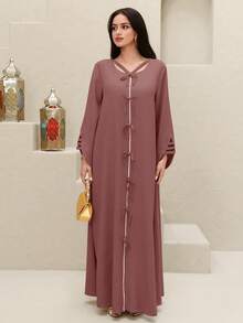 Yasmyna 女士纯色蝴蝶结系带长袖土耳其长裙和阿拉伯传统长袍 - 紅色 - 查看 8