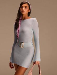 Athîral 女士休闲度假长袖浅蓝色针织迷你连衣裙 - 淺藍色 - 查看 3