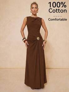 Lumalex Coffee Brown Summer Elegant Dining Dress For Women,100% Cotton Comfortable Ruched Asymmetrical Metallic Decor Sleeveless Quiet Luxury Party Dress - Coffee Brown - View 3