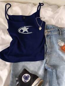 SHEIN EZwear Women's Navy Blue Pentagram Print Casual Sexy Camisole Tank Top, Suitable For Summer - Blue - View 3