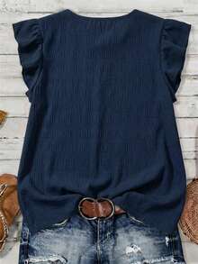 EMERY ROSE Casual Minimalist Navy Blue Solid Bubble Plaid Plus Size Shirt, Suitable For Summer - Navy Blue - View 2