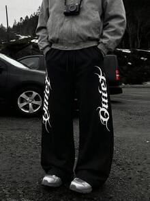 STEELVANCE 男士休闲字母印花抽绳宽松裤 - 黑色 - 查看 1