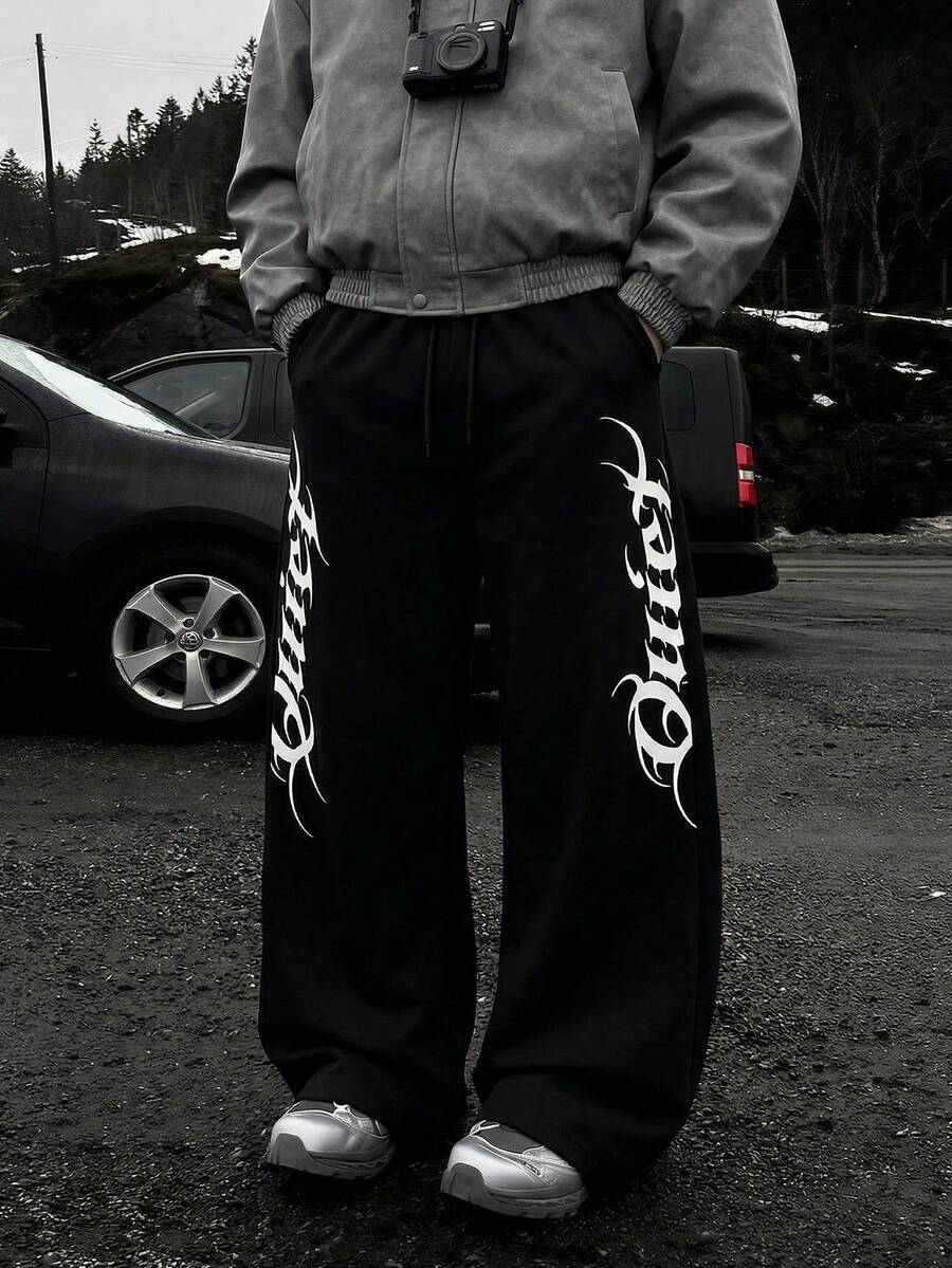 STEELVANCE 男士休闲字母印花抽绳宽松裤 - 黑色 - 查看 1