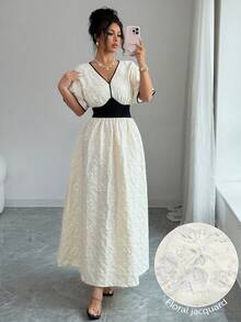 Modelyn Đầm midi xòe thanh lịch dành cho nữ, chất liệu jacquard đen trắng, phối eo tương phản, thích hợp cho mùa hè. - Đen và trắng - Xem 5