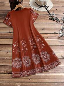 Rusticease Plus Size Elegant Floral Print V-Neck Batwing Sleeve Dress, Summer - Rust Brown - View 2
