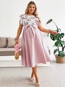 SHEIN Plus Size Maternity Dress Summer Pregnant Pink Floral For A Comfortable And Casual Vacation Elegant Print Patchwork - Pink - View 1
