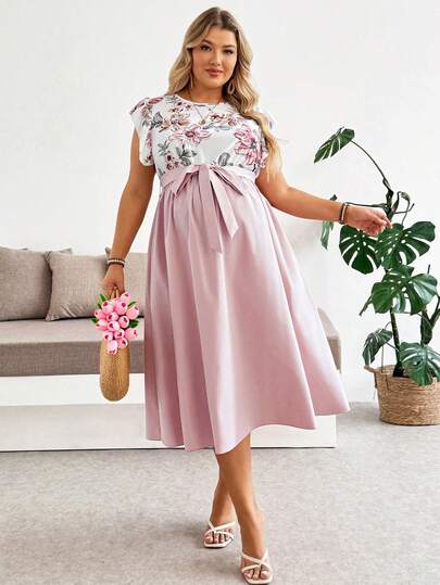 SHEIN Maternity Plus Size Maternity Clothes Maternity  Dress Summer Pregnant Clothes Pink Floral Dress For A Comfortable And Casual Vacation  Elegant Floral Print Patchwork Dress, Summer