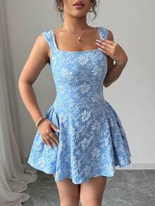 SHEIN PETITE 春夏常规款女士宽领无袖收腰提花蓝色迷你连衣裙，优雅浪漫，适合毕业典礼、舞会、派对、音乐节、度假等场合。 - 藍色 - 查看 4