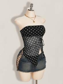 SHEIN ICON Áo ống mùa hè gợi cảm dành cho nữ, thích hợp đi chơi biển, dự tiệc, màu đen, kiểu vintage, quyến rũ, họa tiết chấm bi, vạt áo bất đối xứng. - màu đen - Xem 7