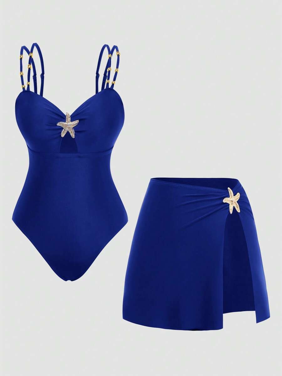 SHEIN Swim Oasis 大码连体优雅泳衣，适合海滩度假；女士优雅分体式泳衣，饰有串珠，肩带可调节，修身设计；棕色泳衣，饰有度假风海星图案 - 寶藍色 - 查看 1