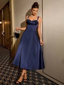Poshira Women's Faux Pearl Decor Ruched Waist Elegant Cocktail Party Dress - Navy Blue - View 6