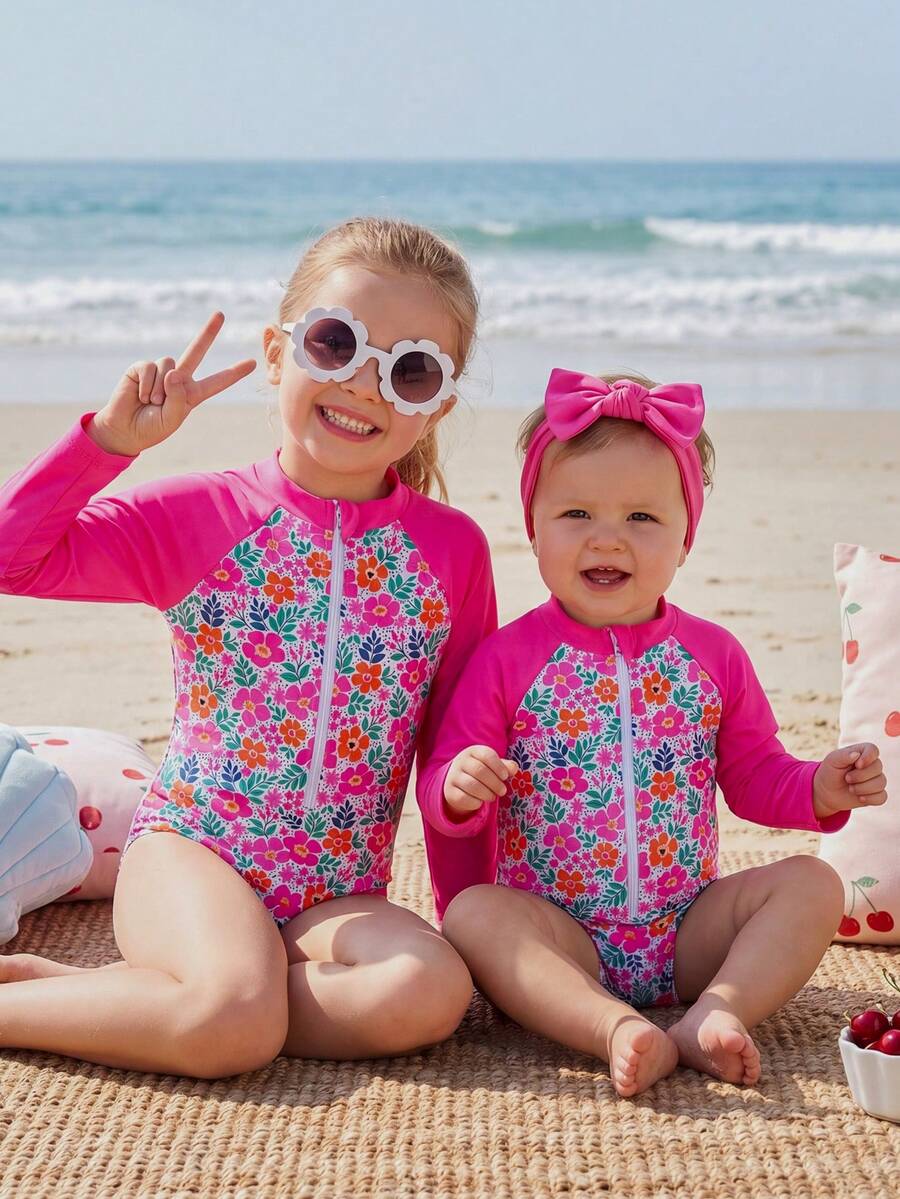 SHEIN 女童碎花拼接插肩袖半拉链连体泳衣，沙滩/度假风 - 彩色 - 查看 1