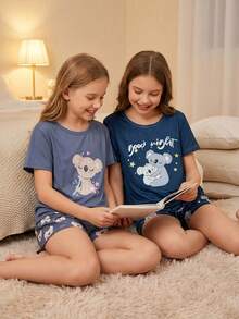 Set Pakaian Rumah Anak Perempuan Remaja 2 Potong, Biru dan Merah Muda, Musim Panas, Lucu, Piyama Tidur Terdiri dari Atasan Lengan Pendek Leher Bulat, Celana Pendek Senada, Motif Beruang Kartun - MultiWarna - View 3