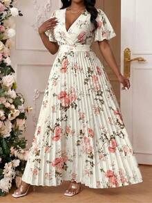 SHEIN Lady Đầm ngắn tay xếp ly cổ chữ V in hoa cỡ lớn, thanh lịch - Nhiều màu - Xem 4