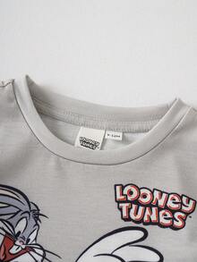 LOONEY TUNES X SHEIN Baby Boy Casual Outfit: Crew Neck Cartoon Letter Print Short Sleeve T-Shirt And Shorts Set - Multicolor - View 4