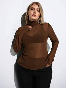 Maija Plus Size Women's High Neck Long Sleeve Sheer Blouse,Chocolate Brown Autumn Classy Night Out Club,Fitted Business Casual Mesh Top Mother's Day Outfit - Brown - View 4