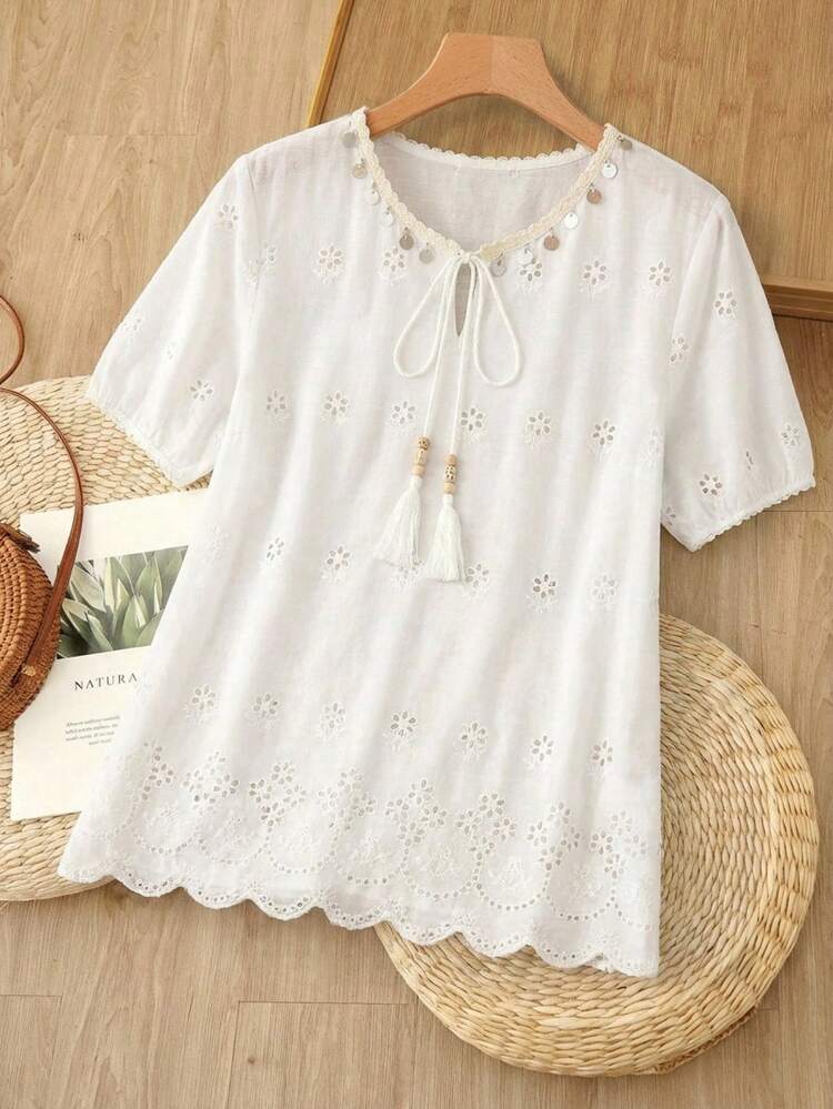 Women's Summer Casual Mesh Embroidered Lace-Up Short Sleeve Blouse Summer Top Summer Outfit For Women Casual Blouses For Women Holiday Outfits For Women Summer Holiday Outfits White Top White Shirt Blouses For Women