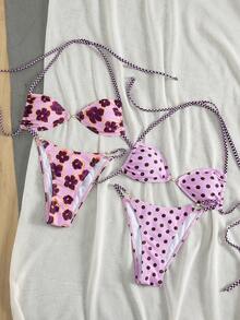 Swim Mod Women's Polka Dot & Floral Print Pearl Decor Sexy Bikini Set, Suitable For Spring/Summer Beach & Music Festival - Multicolor - View 6