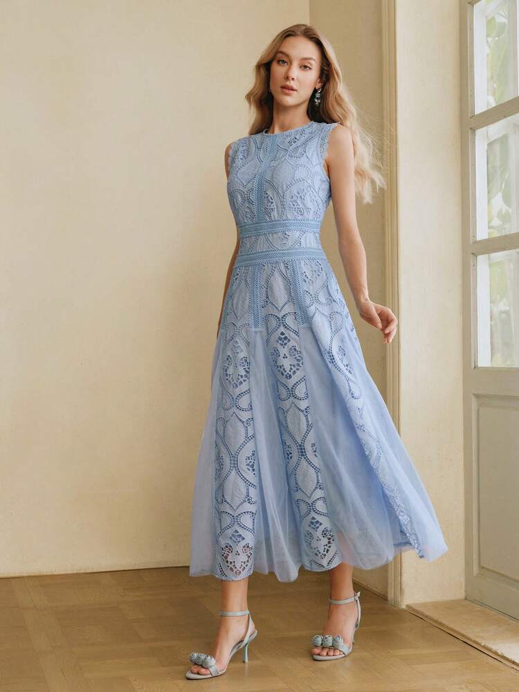 Women's Elegant Mid-Length Lace Applique Pleated Hem Dress, Spring/Summer