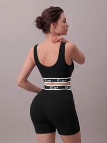 Liftille 2pcs Set Contrast Color Letter Print Casual Sports Comfortable High Elastic Bra Sexy 2 Pieces Setwomen 2 Pieces Set - Black - View 3