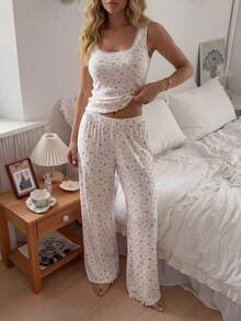 DAZY Women's Summer Ditsy Floral Knit Lace Trim Camisole And Pants Pajama Set - White - View 4