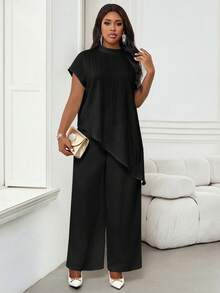 SHEIN Lady Plus Size Women Solid Color Bat Sleeve Asymmetric Hem Casual Top - Black - View 5