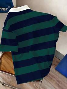 Manfinity Joysei Men Striped & Slogan Graphic Polo Shirt - Dark Green - View 2