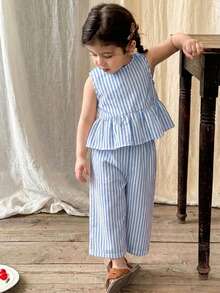LMoss Kids 2 pièces Ensemble Top sans manches rayé tissé et leggings pour bébé fille - Bleu azur - Voir 10