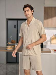 CoupledUp Bộ đồ ngủ nam màu trơn, kiểu dáng tối giản, cổ ve áo, tay ngắn và quần short, thích hợp cho mùa xuân/hè. - Màu Khaki - Xem 5
