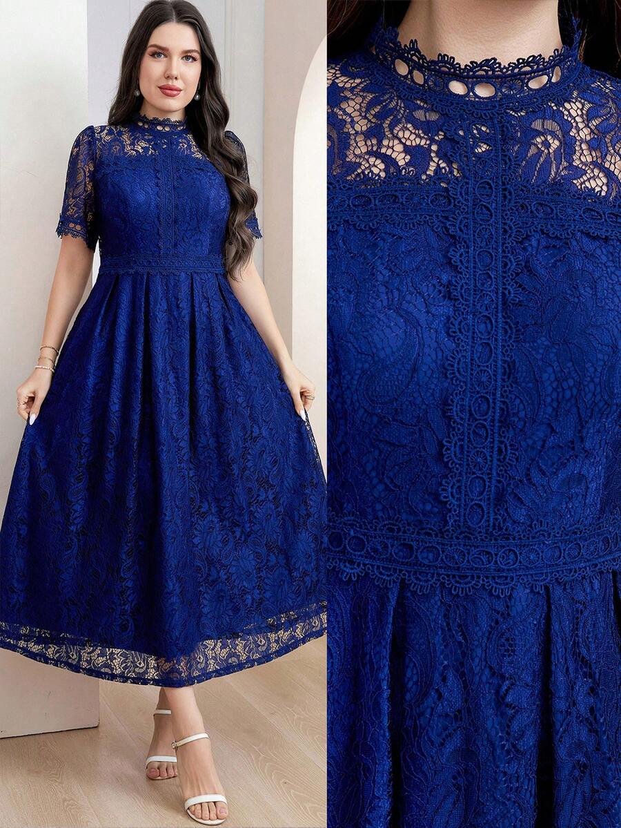 Modelyn Đầm dự tiệc thời trang màu trơn cỡ lớn, ren nối, màu xanh hoàng gia, váy dạ hội dài