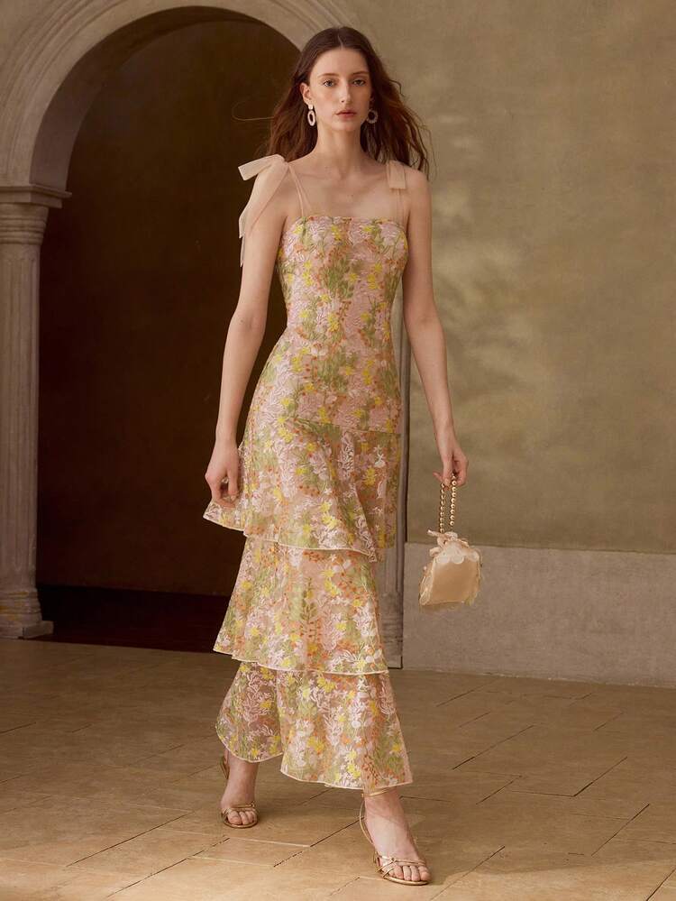ELEGANT EMBROIDERED MESH TIE SHOULDER RUFFLE HEM DRESS, VACATION STYLE