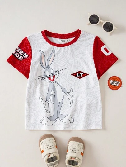 LOONEY TUNES X SHEIN Áo thun ngắn tay cổ tròn in hình thỏ phối màu phong cách thường ngày cho bé trai, thích hợp mặc mùa hè.