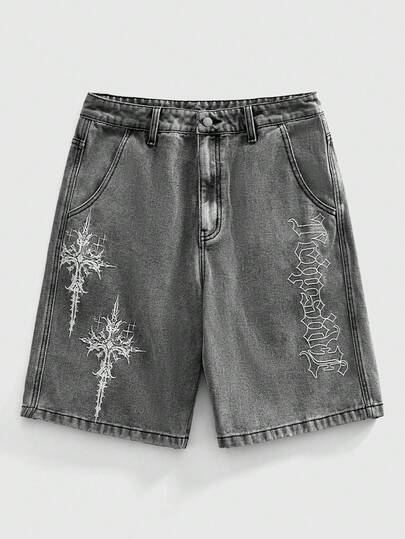 ROMWE MEN Men's Embroidered Denim Shorts, Suitable For Spring And Summer Everyday Wear