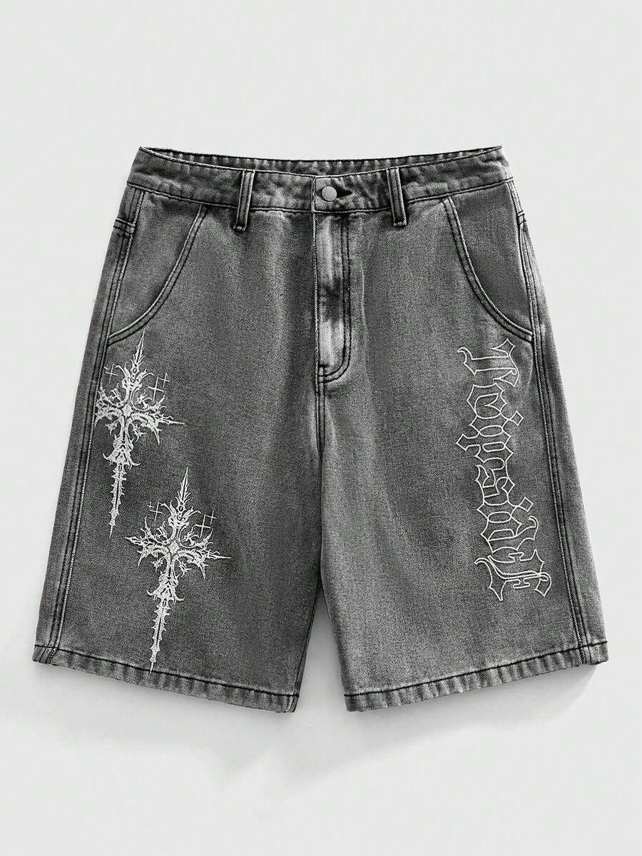 ROMWE MEN Men's Embroidered Denim Shorts, Suitable For Spring And Summer Everyday Wear - Grey - View 1