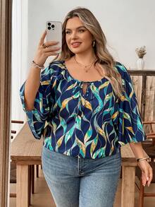 SHEIN CURVE+ Áo thun nữ cỡ lớn CURVE PLUS /Ngày Valentine/Áo thun cổ buộc dây tay lửng thoải mái, đa năng, thích hợp mặc hàng ngày đi làm - Nhiều màu - Xem 9