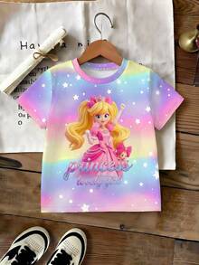 Young Girl Cute Cartoon Letter & Princess Print Round Neck Short Sleeve T-Shirt - Mauve Purple - View 3