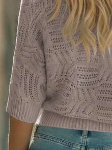 Suéter de cuello redondo con mangas raglán y patrón calado, de estilo casual y fashionable, adecuado para primavera, verano, otoño e invierno - Gris - Ver 11