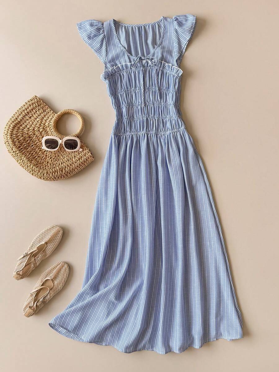 SHEIN Unity Summer New Blue Striped Round Neck Ruffle Flutter Sleeve Ruched Women's Dress, Elegant Lady Style, Office Vintage Preppy Commute Workwear, June Saint John's Day Graduation Ceremony, Versatile Casual Daily Wear, 90s Style, Suitable For Outings, Dates, Birthday Parties, Gatherings, Vacations, Beach, Country Music Concerts, Travel, Minimalist Outfit, Brunch, Tea Party, Airport Look - Blue - View 1